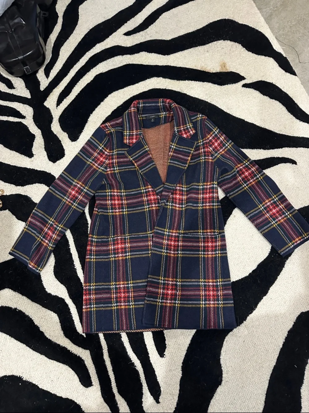 J. Crew Coat Blazer Jacket Navy Plaid Wool Blend Coat with Red and Yellow Tartan - Picture 2 of 4